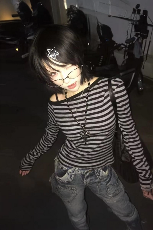 Siyah Gri Çizgili Y2K Uzun Kollu Crop