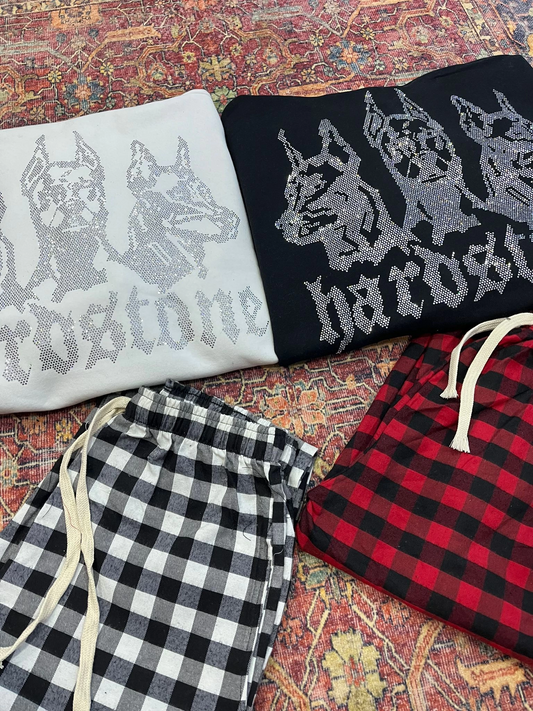 Siyah Hardstone Parıltılı Taşlı Sweatshirt + Siyah Kırmızı Ekose Eşofman Altı