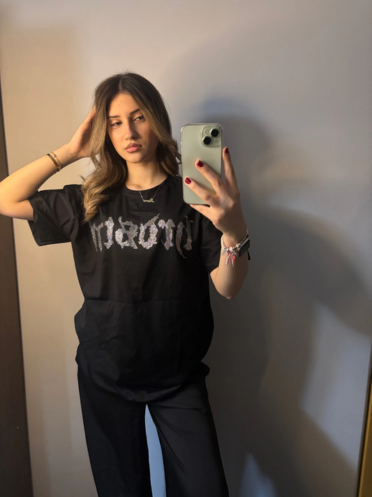 Siyah Hardstone Sırt Taş Baskılı Kısa Kol T-shirt