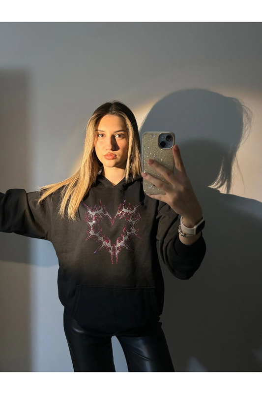 Siyah Kapüşonlu Gothic Heart Kalp Parıltılı Taşlı Unisex 3 İplik Şardonlu Kışlık Sweatshirt