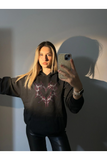 Siyah Kapüşonlu Gothic Heart Kalp Parıltılı Taşlı Unisex 3 İplik Şardonlu Kışlık Sweatshirt