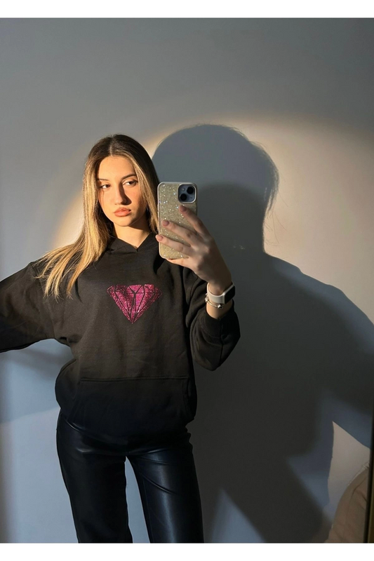 Siyah Kapüşonlu Parıltılı Taşlı Elmas Diamond Baskılı Unisex 3 İplik Şardonlu Kışlık Sweatshirt