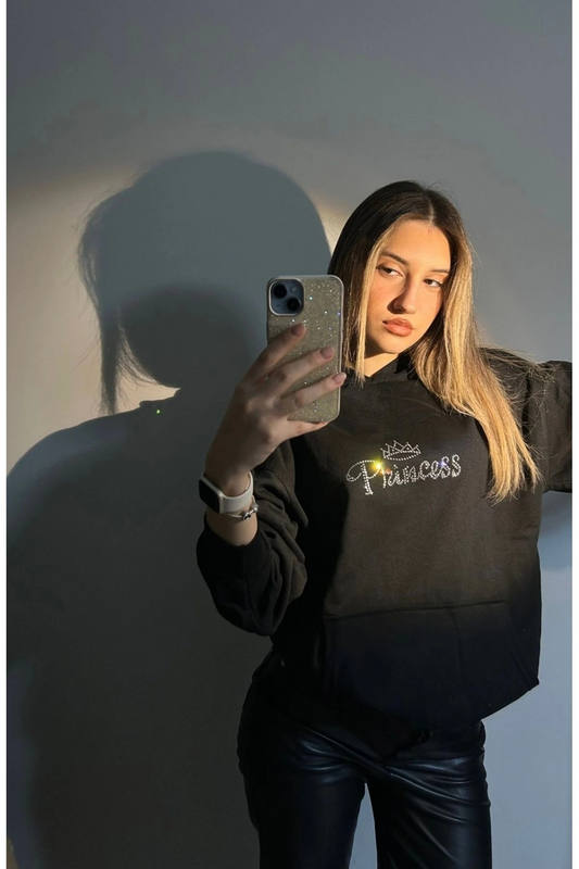 Siyah Kapüşonlu Princess Parıltılı Taşlı Unisex 3 İplik Şardonlu Kışlık Sweatshirt