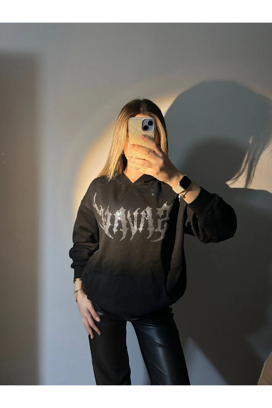 Siyah Kapüşonlu Savage Parıltılı Taşlı Unisex 3 İplik Şardonlu Kışlık Sweatshirt