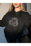 Siyah Kapüşonlu Snake Yılan Parıltılı Taşlı Unisex 3 İplik Şardonlu Kışlık Sweatshirt