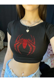 Siyah Kırmızı Parıltılı Taşlı Örümcek Adam Desen Kadın Crop Body