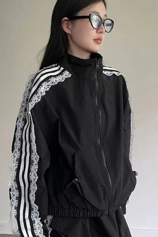 Siyah Kurdeleli Dantelli Y2K Ceket