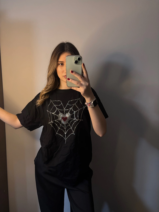 Siyah Love Web Rhinestone Taşlı Kısa Kol T-shirt
