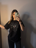 Siyah Love Web Rhinestone Taşlı Kısa Kol T-shirt