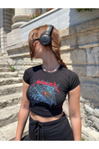 Siyah Metallica Baskılı Kadın Crop Body