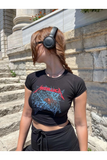 Siyah Metallica Baskılı Kadın Crop Body