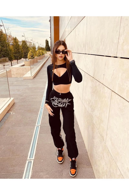 Siyah Minus Two Kargo Cepli Desenli Lastikli Unisex Paraşüt Pantolon