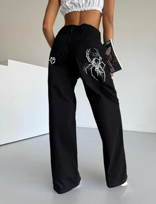 Siyah Nakışlı Retro SpiderPunk Bol Paça Pantolon