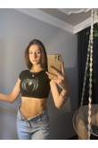 Siyah Parıltılı Taşlı Örümcek Adam örümcek adam Desen Kadın Crop Body