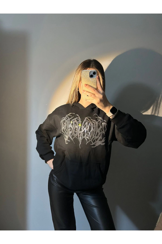 Siyah Parıltılı Taşlı Tribal Model Unisex 3 İplik Şardonlu Kışlık Sweatshirt