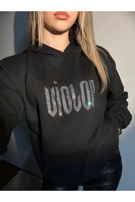 Siyah Parıltılı Taşlı Violon Baskılı Unisex 3 İplik Şardonlu Kışlık Sweatshirt