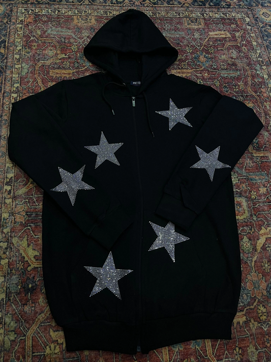 Siyah Parıltılı Taşlı Yıldız Baskılı Kapüşonlü Hırka Sweatshirt