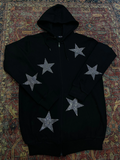 Siyah Parıltılı Taşlı Yıldız Baskılı Kapüşonlü Hırka Sweatshirt