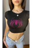 Siyah Pembe Parıltılı Taşlı Örümcek Adam Desen Kadın Crop Body