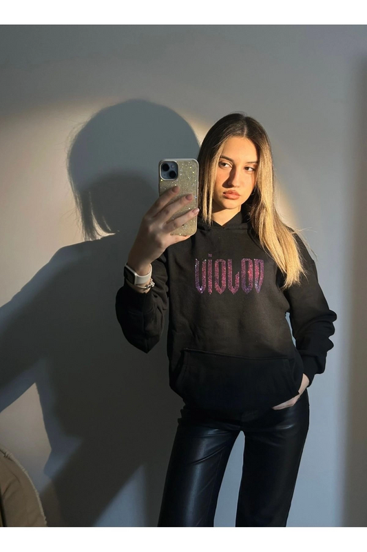 Siyah Renkli Parıltılı Taşlı Violon Baskılı Unisex 3 İplik Şardonlu Kışlık Sweatshirt