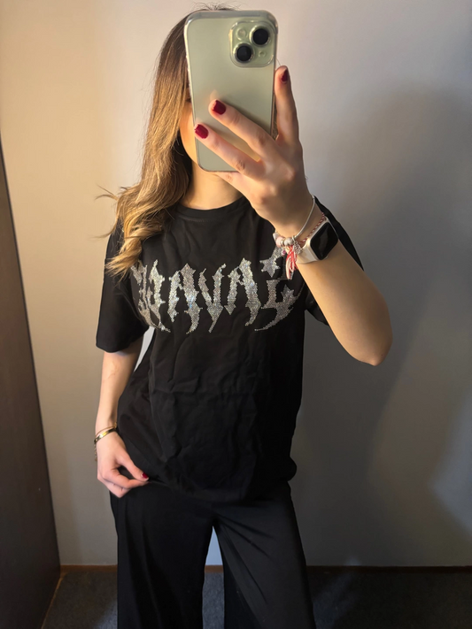 Siyah Savage Taş Baskılı Kısa Kol T-shirt
