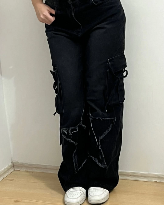 Siyah Seul Yıldız Detaylı Oversize Baggy Jean