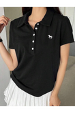 Siyah Tek Boynuzlu At Baskılı Polo Yaka Düğmeli Kısa Kol Tshirt