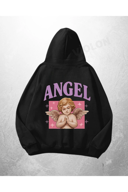 Siyah Unisex Angel Cherub Baskılı Oversize Hoodie Sweatshirt