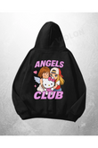 Siyah Unisex Angels Club Baskılı Oversize Hoodie Sweatshirt
