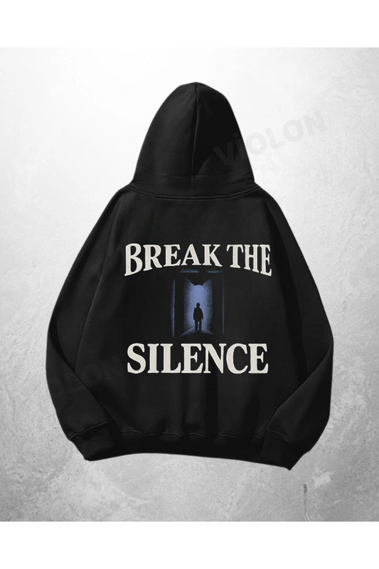 Siyah Unisex Break The Silence Baskılı Oversize Hoodie Sweatshirt