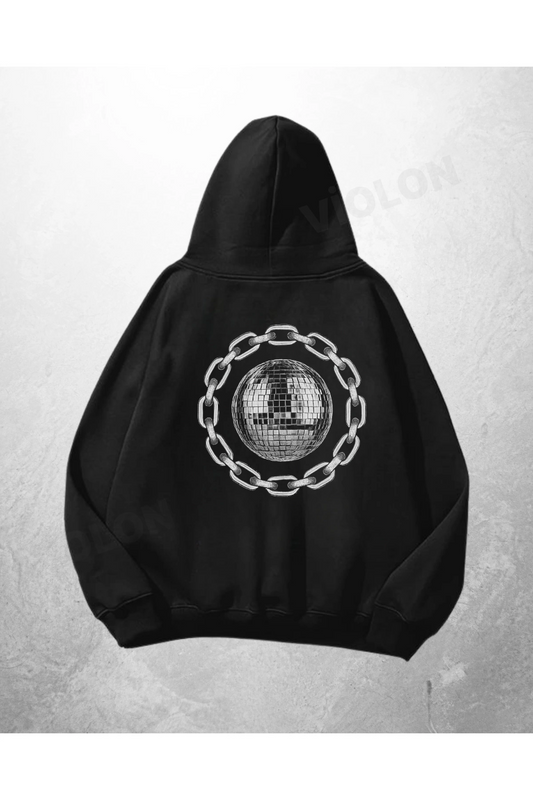 Siyah Unisex Chain Circle Logo Baskılı Oversize Hoodie Sweatshirt
