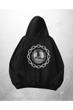 Siyah Unisex Chain Circle Logo Baskılı Oversize Hoodie Sweatshirt