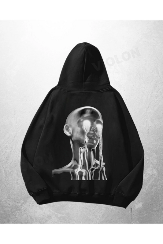 Siyah Unisex Chrome Head Baskılı Oversize Hoodie Sweatshirt