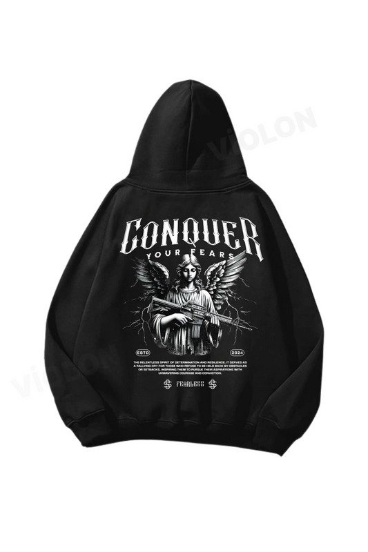 Siyah Unisex Conquer Baskılı Oversize Hoodie Sweatshirt