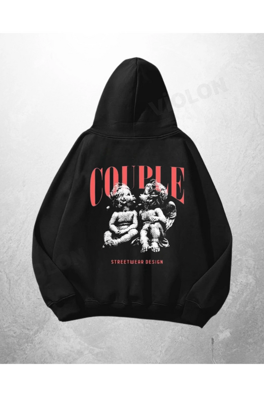 Siyah Unisex Couple Baskılı Oversize Hoodie Sweatshirt