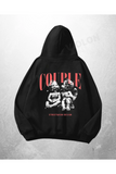 Siyah Unisex Couple Baskılı Oversize Hoodie Sweatshirt