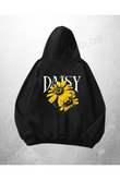 Siyah Unisex Daisy Baskılı Oversize Hoodie Sweatshirt