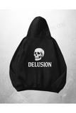 Siyah Unisex Delusion Baskılı Oversize Hoodie Sweatshirt