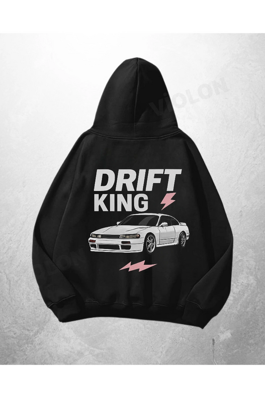 Siyah Unisex Drift King Baskılı Oversize Hoodie Sweatshirt