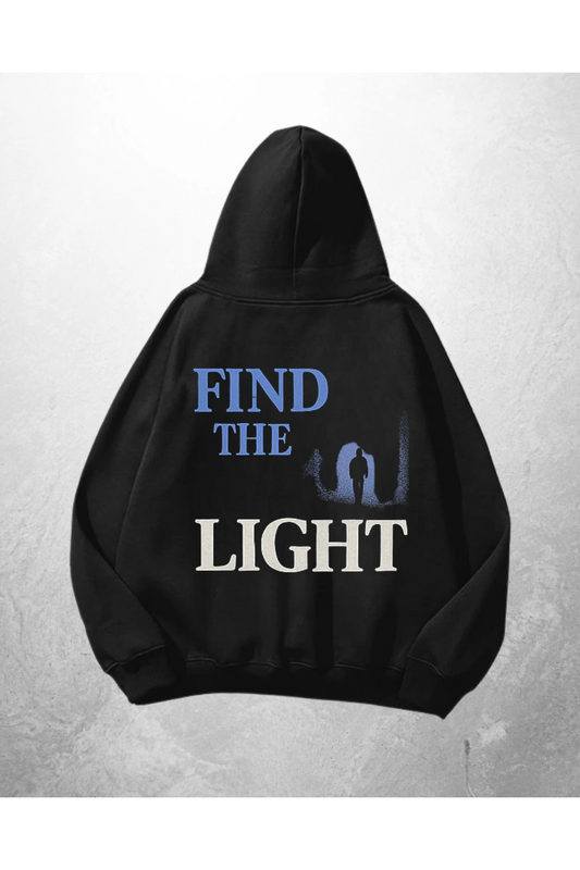 Siyah Unisex Find The Light Blue Text Baskılı Oversize Hoodie Sweatshirt