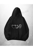 Siyah Unisex Heart Chain Baskılı Oversize Hoodie Sweatshirt