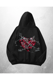 Siyah Unisex Heart Crystal Baskılı Oversize Hoodie Sweatshirt