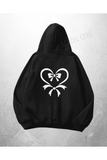 Siyah Unisex Heart Ribbons Baskılı Oversize Hoodie Sweatshirt