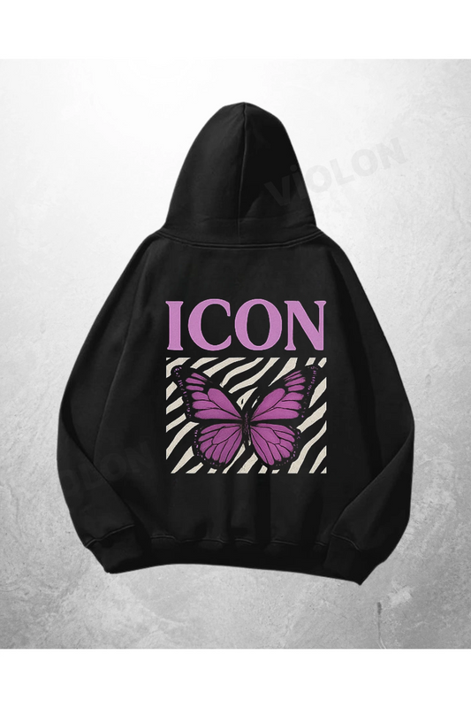 Siyah Unisex Icon Butterfly Baskılı Oversize Hoodie Sweatshirt