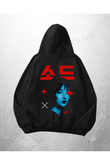 Siyah Unisex Korean Text (Sod) Baskılı Oversize Hoodie Sweatshirt