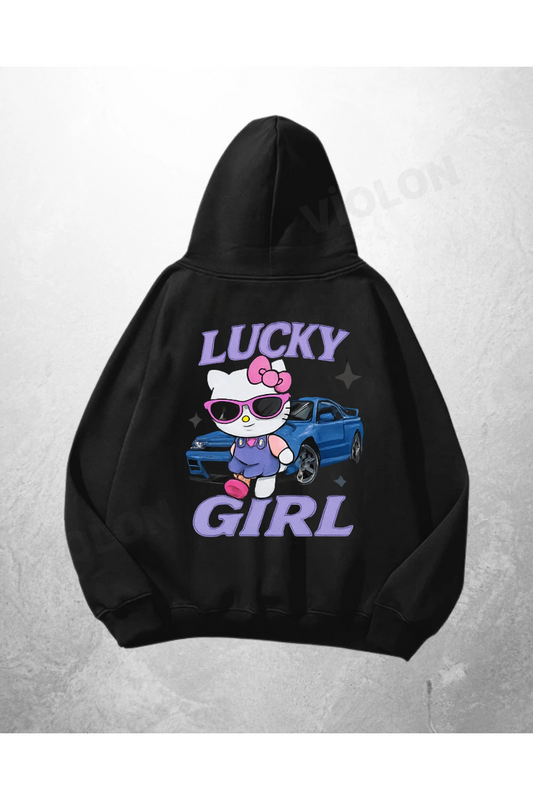 Siyah Unisex Lucky Girl Baskılı Oversize Hoodie Sweatshirt