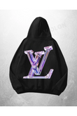 Siyah Unisex LV Style Baskılı Oversize Hoodie Sweatshirt