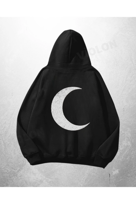 Siyah Unisex Moon Symbol Baskılı Oversize Hoodie Sweatshirt