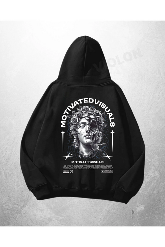 Siyah Unisex Motivated Visual Baskılı Oversize Hoodie Sweatshirt