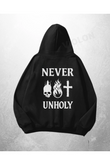 Siyah Unisex Never Unholy Baskılı Oversize Hoodie Sweatshirt